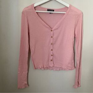 Poof Top Long Sleeve Pink Ribbed Button Front Casual Comfy